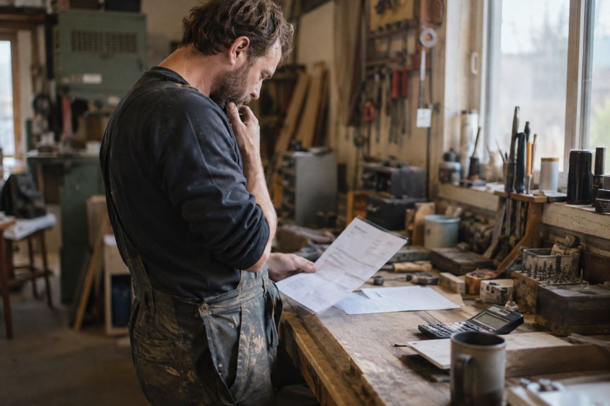 Handwerker steht nachdenklich in der Werkstatt und liest ein Schreiben, auf der Werkbank liegen Taschenrechner und Papiere.