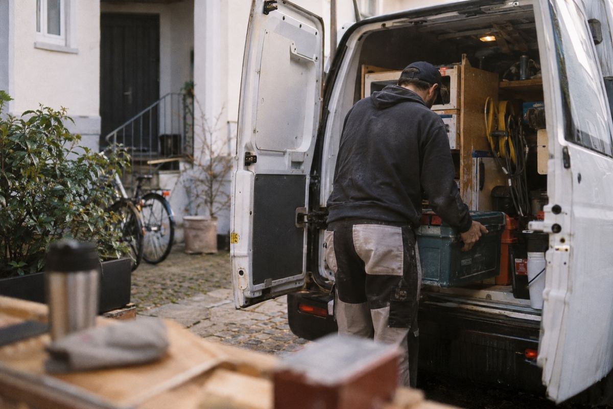 Handwerker holt im Hof eine Werkzeugkiste aus dem geöffneten Transporter, im Laderaum stapeln sich Material und Werkzeug.